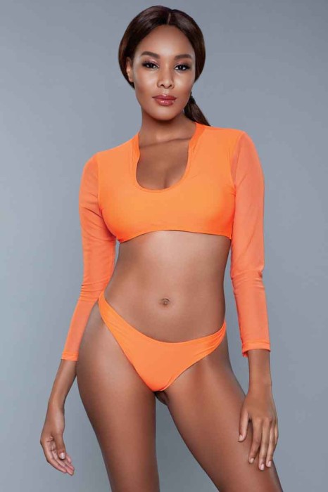 1980 Cardi 2 Piece Suit Orange - 2 Piece. High cut V neck top with mesh long sleeves and a cheeky thong bottom. Hand wash cold separately/ Do not twist or wring/ Line dry. 82% Polyamid 18% Elastane. Poly bag packaging. in Dresses, MiniDresses & BodySuits