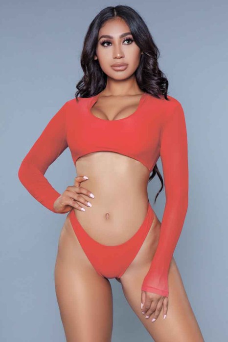 1980 Cardi 2 Piece Suit Red - 2 Piece. High cut V neck top with mesh long sleeves and a cheeky thong bottom. Hand wash cold separately/ Do not twist or wring/ Line dry. 82% Polyamid 18% Elastane. Poly bag packaging. in Dresses, MiniDresses & BodySuits