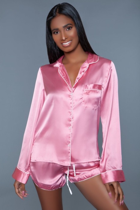 2029 Sadie PJ Set - 2 pc satin pajama set with revere collared top and stretch waist bottoms. Wash with similar colors Turn inside out before cleaning dry flat iron whilst damp. 100% Polyester. in Tops, Blouses, Shirts, Hoodies, Boleros, Pajamas, OneSies