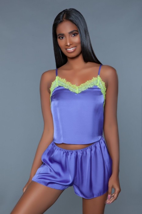 2031 Callie Satin Set - 2 pc satin set with V-neck laced trim cami top and elastic waistband bottoms. Wash with similar colors do not tumble dry iron on the reverse side. 100% Polyester. in Tops, Blouses, Shirts, Hoodies, Boleros, Pajamas, OneSies