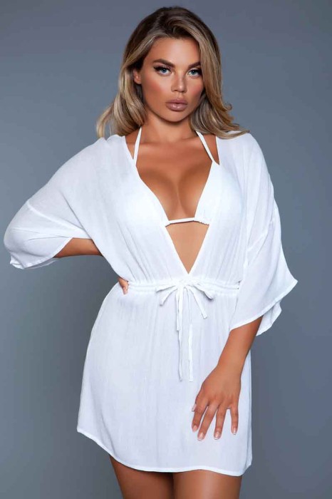 2133 Thalia Beach Dress White - Swimwear > Coverups - 1 pc plunging neck channel waist and drape sleeves crinkle beach cover up. Wash with a similar color. Turn inside out before cleaning. After washing remove promptly and hang. Color may fade with prolonged exposure to light and chlorinated water. Poly bag packaging. in Swimwear, Bikinis, Monokinis, Robes