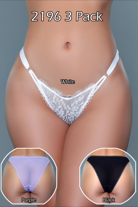 2196 Aspen Panty 3 Pack - Black Purple and White - Panties - Regular rise brazilian cut panties with sheer mesh and eyelash lace design. (Pack of 3). Mashine wash warm with like colors on delicate cycle. Do not bleach. Do not tumble dry. Do not iron. Do not dry clean. Wash with similar color. 77% Polyamide; 18% Polyester; 5% Elastane. Hanger with BW hangtag, 3 pack label, size label, hygenic liner and UPC stickers in a polybag. in Lingerie, Bras, Panties, Teddies, Thongs, Lifts and Body Shapers