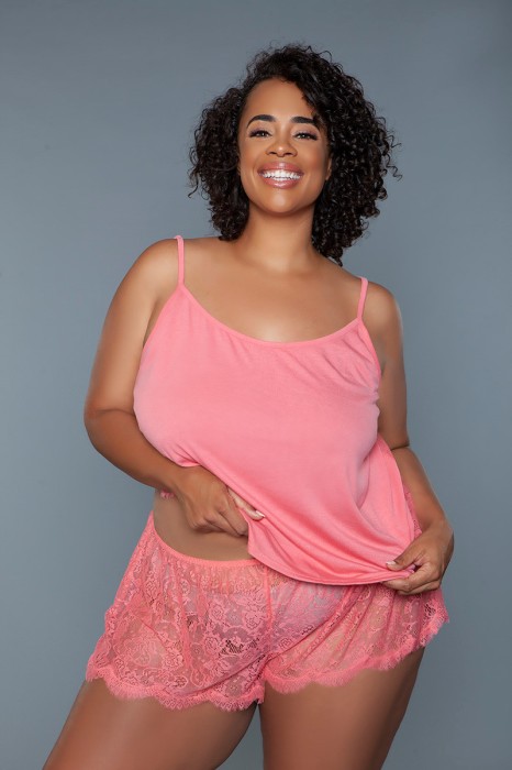 2243 Peyton Set Coral - Sleepwear - 2 pc cami set with jersey knit front and lace back design top. All over floral lace elasticated shorts 68% Polyester 28% Rayon 4% Spandex Lace: 100% Nylon Machine Wash Cold with similar colors. Do Not Bleach. Tumble Dry Low. Low Iron BW box packaging with BW hangtag, hygenic liner and UPC stickers in Tops, Blouses, Shirts, Hoodies, Boleros, Pajamas, OneSies