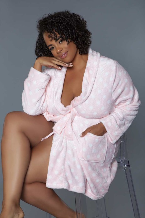 2259 Kaylee Robe Pink White - Mid-Length plush robe with polka dots design and self-tie waist closure. 100% Polyester Machine Wash Warm. Wash with like colors. Non Chlorine Bleach when needed. Tumble dry low. Do not Iron. Do not Dry Clean. BW polybag packaging with BW hangtag, and UPC stickers in Swimwear, Bikinis, Monokinis, Robes