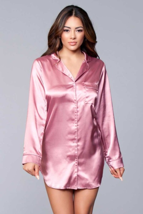 BW1788DP Kimberly Satin Sleepshirt - Sleepwear - Dusty Rose. Relaxed fit satin body. Button front with notched collar and pocket. 92% Polyester 8% Spandex. Hand Wash. Polybag packaging. Packaging dimensions (in): 9. 5 x 6. 5 x 1. in Tops, Blouses, Shirts, Hoodies, Boleros, Pajamas, OneSies