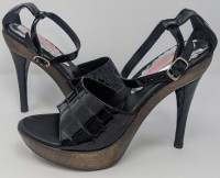Marciano Lulu Johnson Wood Platform Heels - Black Crocco Leather