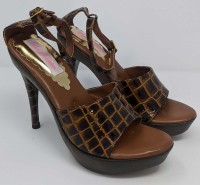 Marciano Lulu Johnson Wood Platform Heels - Brown Crocco Leather