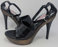 Marciano Lulu Johnson Wood Platform Heels - Black Crocco Leather