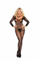 1289Q - Long Sleeve Crochet Bodystocking With Floral Design And Open Crotch