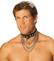 L9149 - Mens Leather Collar With Chains And O Ring