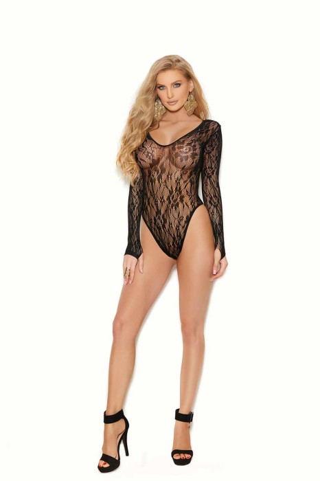Lace Long Sleeve Teddy With Sn   Black - Long sleeve lace teddy with snap crotch. in Lingerie, Bras, Panties, Teddies, Thongs, Lifts and Body Shapers