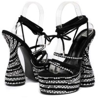 Thick Soled Cross-Strap Rhinestones Bowling Heels Club Sandals - Black Crystals