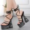 Thick Soled Cross-Strap Rhinestones Bowling Heels Club Sandals - Black Crystals