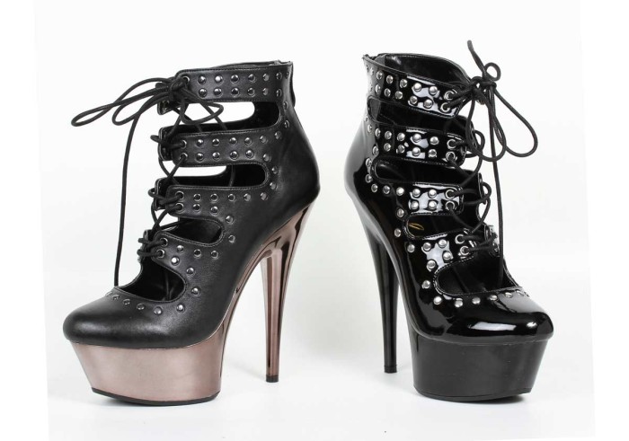 609-RAMONA - Black - 6`` Studded Lace Up Closed Toe Heel in Sexy Heels & Platforms