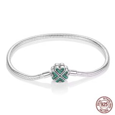 Silver 925 Star Moon Sun Four Leaf Clover Green Zircon Charms Bracelets - Silver