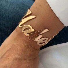 Personalized Name Valentines Day Jewelry Gift Bangle Bracelets - Gold Steinless Steel
