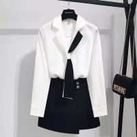 Korean Elite College Office Business Style Kdrama Kpop Elegant Blouse Midi Skirt Two Piece Set - White Black Polyester Cotton