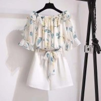 Spring Summer Style Korean Kpop Kdrama Flower Printed Tops Short Sleeve Blouse Shirt with Short 2 pcs Set - White Beige Polyester Cotton