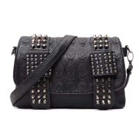 Vintage Crossbody Skull Rivets Decorated Gothic Kdrama Kpop Style Messenger Bag - Black Faux Leather