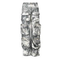 Punk Kpop Harajuku Y2k Solid High Waist Multi Pocket Loose Spice Girl Cargo Camouflage Jeans Pants - Gray Denim