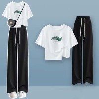 Summer Style Korean Kpop Kdrama Cotton Short Sleeve T-shirt Wide Leg Pants 2 pieces Set  - Black White Cotton