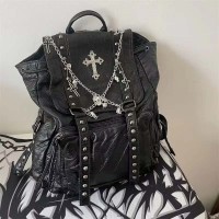 Rivet Chain with Skull Decorated Gothic Punk Cross Backpack Bag - Black  Faux Leather