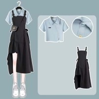 Short Top Shirt with Irregular Strap Skirt Two Pieces Chic Set - Blue Black Polyester Cotton