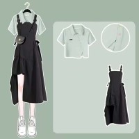 Short Top Shirt with Irregular Strap Skirt Two Pieces Chic Set - Green Black Polyester Cotton