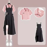 Short Top Shirt with Irregular Strap Skirt Two Pieces Chic Set - Pink Black Polyester Cotton