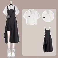 Short Top Shirt with Irregular Strap Skirt Two Pieces Chic Set - White Black Polyester Cotton