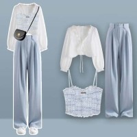 Summer Style Korean Kpop Kdrama Long Sleveed Three Piece Matching Set - Blue White Polyester Cotton
