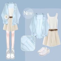 Summer Spring Style Korean Kpop Kdrama Sunscreen Shirt Top Vest Shorts Matching Set - Blue Beige Polyester Cotton