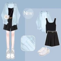Summer Spring Style Korean Kpop Kdrama Sunscreen Shirt Top Vest Shorts Matching Set - Blue Black Polyester Cotton