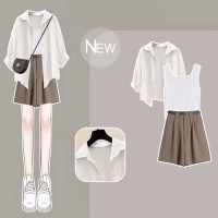 Summer Spring Style Korean Kpop Kdrama Sunscreen Shirt Top Vest Shorts Matching Set - Dirty White Brown Polyester Cotton