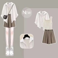 Summer Spring Style Korean Kpop Kdrama Sunscreen Shirt Top Vest Shorts Matching Set - Dirty White Brown Polyester Cotton