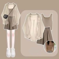 Summer Spring Style Korean Kpop Kdrama Sunscreen Shirt Top Vest Shorts Matching Set - Brown Polyester Cotton