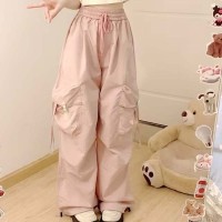Punk Kpop Harajuku Y2k Multi Pocket Loose Parachute Oversize High Waist Baggy Pants - Pink Polyester