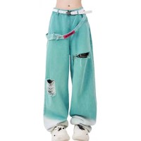 Punk Kpop Harajuku Streetwear High Waist American Wide Gothic Pants - Blue Denim