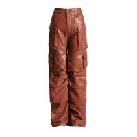 Punk Kpop Harajuku Y2k Solid High Waist Multi Pocket Loose Fit Pants - Orange Faux Leather