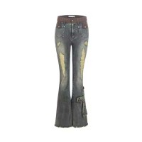 Vintage Style 90s Aesthetic Punk Kpop Harajuku Cross Patchwork Bootcut Pants - Blue Denim