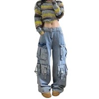 Punk Kpop Harajuku Y2k Multi Pocket Cargo Pants - Blue Denim