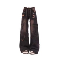Vintage Style 2000s Aesthetic Punk Kpop Harajuku Baggy Cargo Pants - Black Denim
