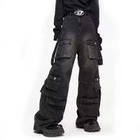 Punk Kpop Harajuku Streetwear Multiple Pockets Baggy Gothic Vintage Loose Unisex Pants - Black Denim