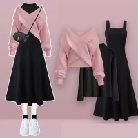 Autumn Style Korean Kpop Kdrama Long Sleveed Three Piece Matching Set - Pink Black Polyester Cotton