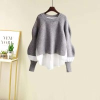 Autumn Style Korean Kpop Kdrama Fake Two Piece Knit Sweater  - Gray Polyester Cotton