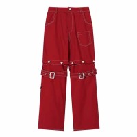 Worker Pant Style Punk Kpop Harajuku Cargo Low Rise Baggy Short Leg 2 pc Pants - Red Denim