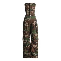 Punk Kpop Harajuku Y2k Multi Jumpsuit Wide Leg Camouflage  Pants - Dark Green Cotton