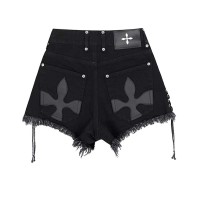 Punk Kpop Harajuku Gothic Mini Cross Decorated Shorts - Black Denim