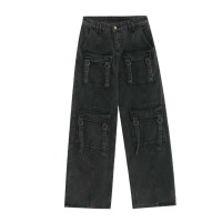 Punk Kpop Harajuku Y2k High Waist Pant High Street Light Black Straight Jeans Wide Leg Baggy Pants - Black Denim