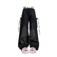 Vintage Style 90s Aesthetic High Waist Trashy Punk Kpop Harajuku Cargo Baggy Pants - Black Denim